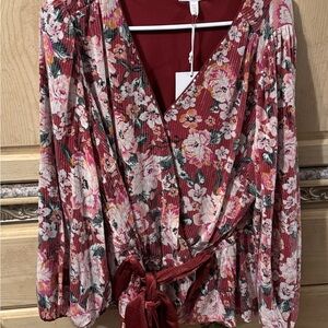 Floral V-Neck Wrap Top - Red